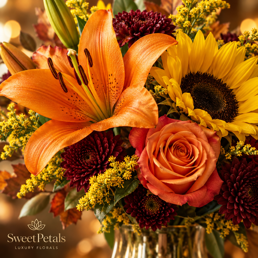 Autumn Harvest Lily & Sunflower Vase Arrangement | Luxury Orange Lily, Sunflower, Rose, Mum & Solidago Fall Flower Gift in Glass Vase for Birthdays, Thanksgiving & Seasonal Gifting