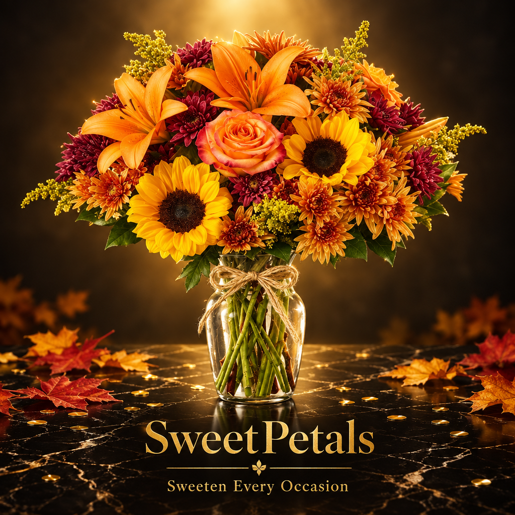 Autumn Harvest Lily & Sunflower Vase Arrangement | Luxury Orange Lily, Sunflower, Rose, Mum & Solidago Fall Flower Gift in Glass Vase for Birthdays, Thanksgiving & Seasonal Gifting
