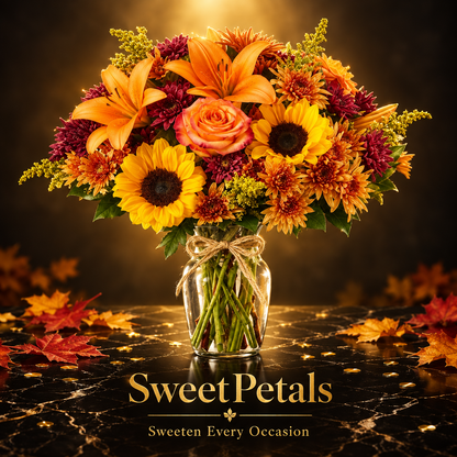 Autumn Harvest Lily & Sunflower Vase Arrangement | Luxury Orange Lily, Sunflower, Rose, Mum & Solidago Fall Flower Gift in Glass Vase for Birthdays, Thanksgiving & Seasonal Gifting