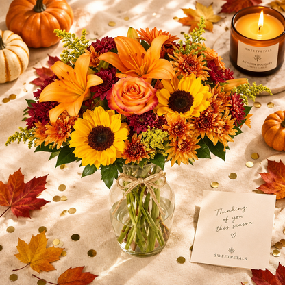 Autumn Harvest Lily & Sunflower Vase Arrangement | Luxury Orange Lily, Sunflower, Rose, Mum & Solidago Fall Flower Gift in Glass Vase for Birthdays, Thanksgiving & Seasonal Gifting