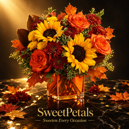 Autumn Sunflower & Rose Orange Vase Arrangement | Luxury Sunflower, Orange Rose, Mum & Autumn Leaf Fall Flower Arrangement in Orange Glass Vase for Birthdays, Thanksgiving & Seasonal Gifting