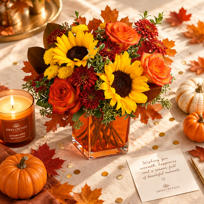 Autumn Sunflower & Rose Orange Vase Arrangement | Luxury Sunflower, Orange Rose, Mum & Autumn Leaf Fall Flower Arrangement in Orange Glass Vase for Birthdays, Thanksgiving & Seasonal Gifting
