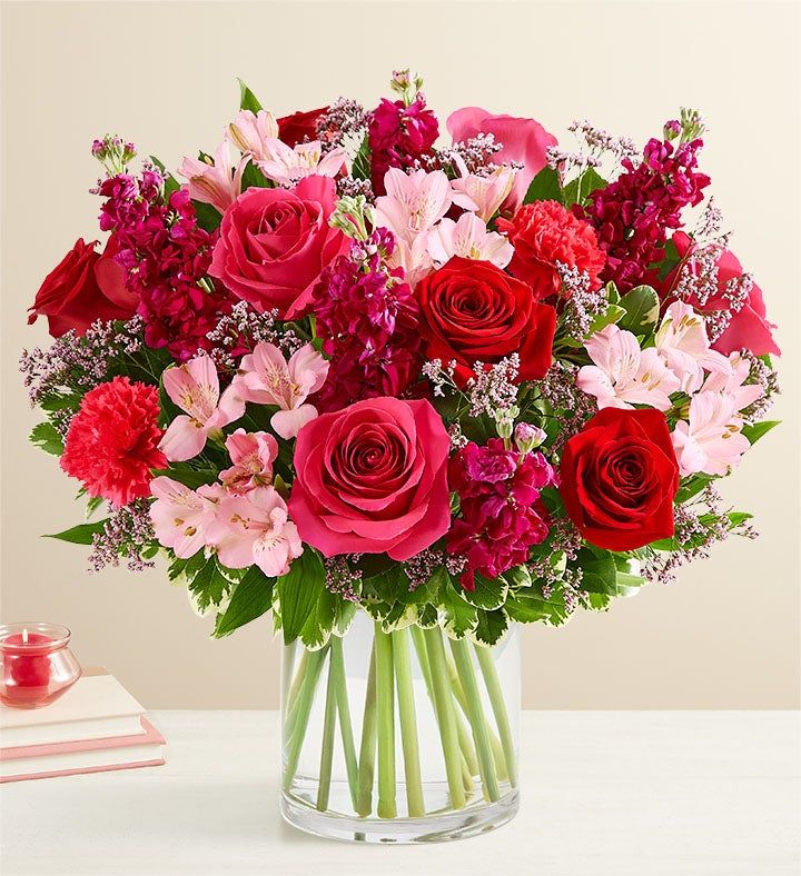 Passionate Hearts Red & Pink Rose Vase Arrangement | Luxury Mixed Flower Gift