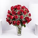 Bunch of 50 Scarlet Red Roses with Baby's Breath – Luxury Rose Vase Arrangement