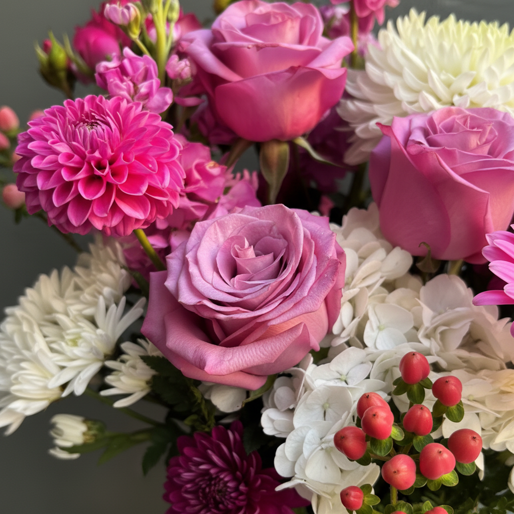 Close-up of mauve purple roses magenta dahlia pompons white chrysanthemums white hydrangea and red hypericum berries – SweetPetals luxury mauve rose dahlia bloom arrangement
