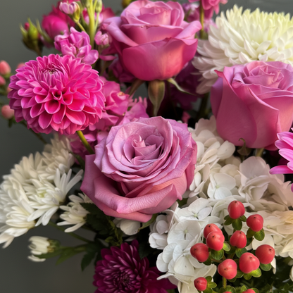 Close-up of mauve purple roses magenta dahlia pompons white chrysanthemums white hydrangea and red hypericum berries – SweetPetals luxury mauve rose dahlia bloom arrangement