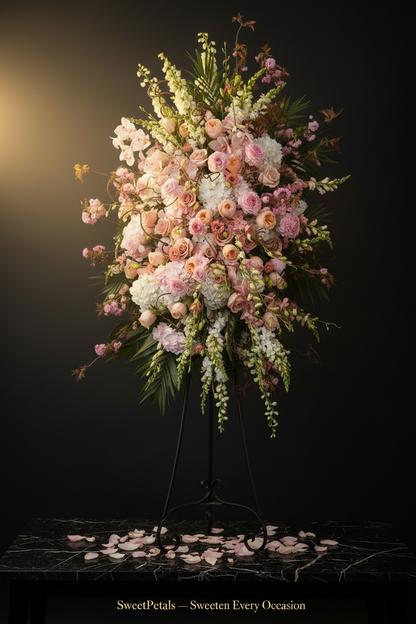 Grand cascade blush sympathy standing arrangement with pink garden roses peach roses white hydrangea pink orchids snapdragons and trailing amaranthus on black metal easel with golden spotlight on dark marble – SweetPetals luxury grand cascade blush sympathy funeral tribute New York