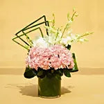 Exquisite Pink Carnation & White Orchid Vase Arrangement – Bamboo Sculptural Floral Design