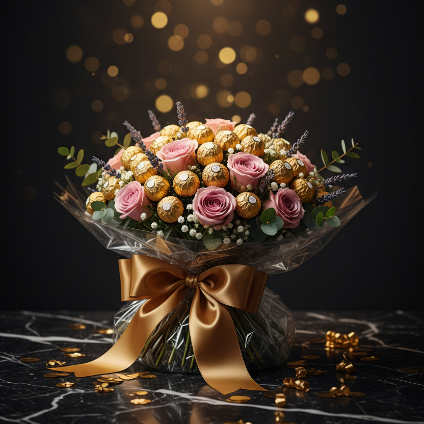Ferrero Rocher Chocolate Flower Bouquet | Luxury Pink Rose, Baby's Breath, Lavender & Ferrero Rocher Gold Chocolate Gift Bouquet for Birthdays, Valentine's Day & Anniversaries