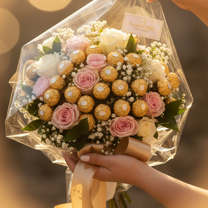 Ferrero Rocher Chocolate Flower Bouquet | Luxury Pink Rose, Baby's Breath, Lavender & Ferrero Rocher Gold Chocolate Gift Bouquet for Birthdays, Valentine's Day & Anniversaries