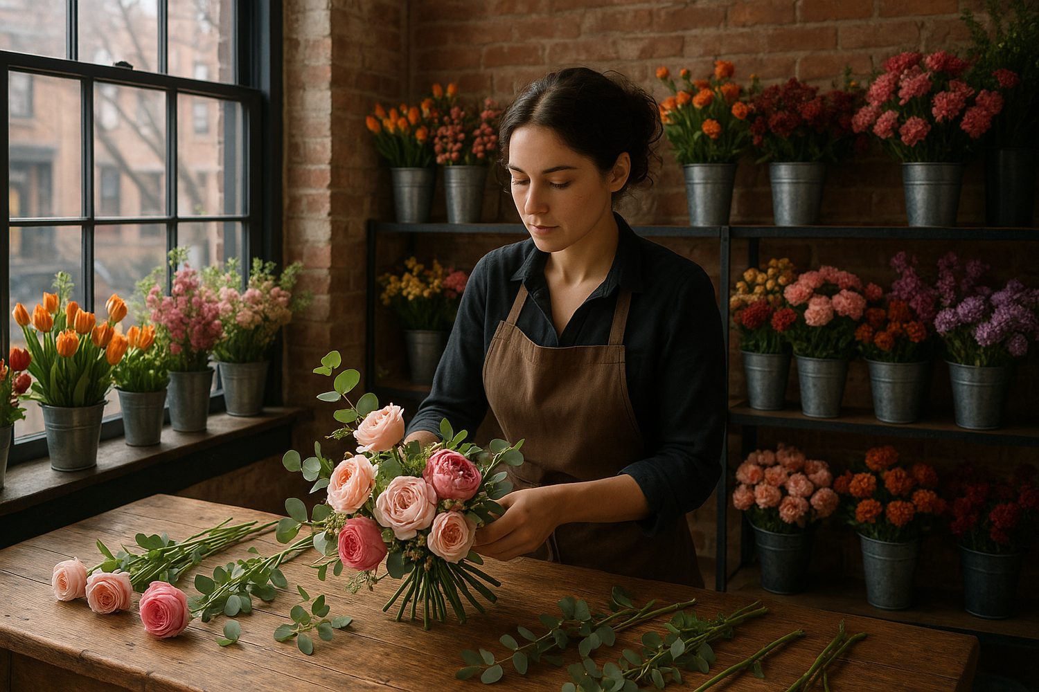 FLORAL DESIGNER WHILE WORKING MAKING BOUQET PICTURE IN BROOKLYN FLOWER SHOP