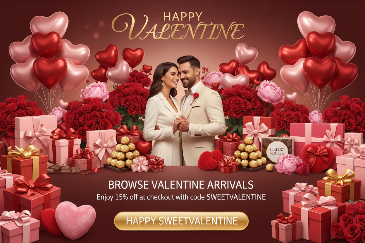 GENERATE BANNER , COUPLE CELEBRATING VALENTINE HAVING ALOT OF GIFTS , BALOOONS, FRESH FLOWERS, FARERROS , CHOCOLATES , HAPPY VALENTINE WRITTEN ON AT TOP, THAN IN BOTTOM WRITE, DWON,  BROWSE VALENTINE ARRIVALS , Enjoy 15% off at checkout with code SWEETVALENTINE , AFTER THIS WRITE ,HAPPY  SWEETVALENTINE IN BUTTON STYLE BOX