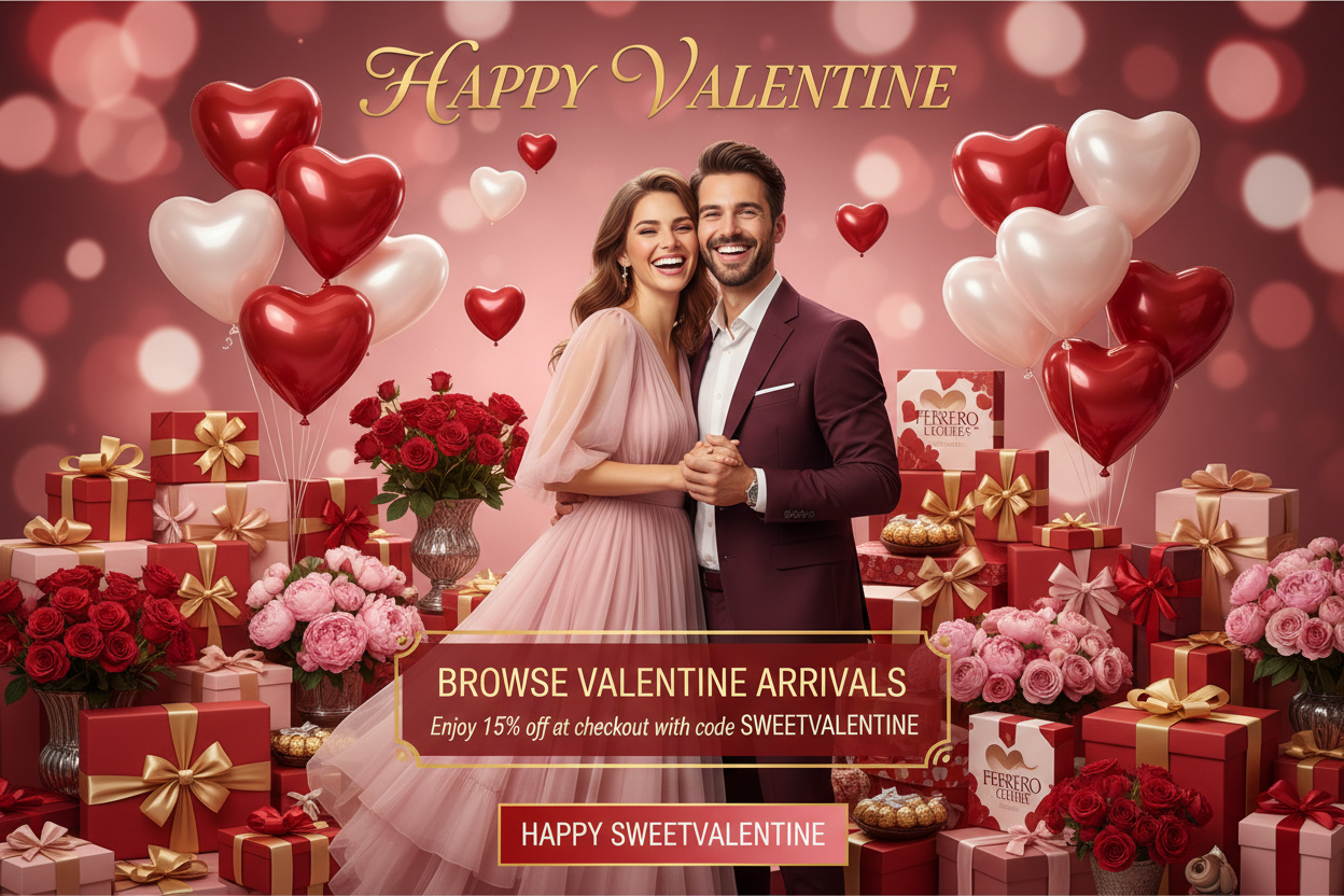 GENERATE BANNER , COUPLE CELEBRATING VALENTINE HAVING ALOT OF GIFTS , BALOOONS, FRESH FLOWERS, FARERROS , CHOCOLATES , HAPPY VALENTINE WRITTEN ON AT TOP, THAN IN BOTTOM WRITE, DWON,  BROWSE VALENTINE ARRIVALS , Enjoy 15% off at checkout with code SWEETVALENTINE , AFTER THIS WRITE ,HAPPY  SWEETVALENTINE IN BUTTON STYLE BOX