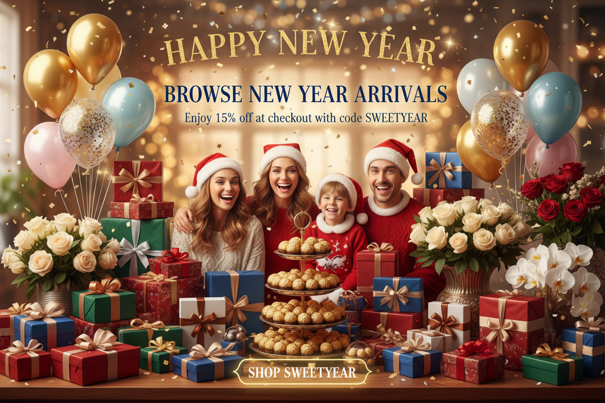 GENERATE BANNER , FAMILY CELEBRATING NewYear HAVING ALOT OF GIFTS , BALOOONS, FRESH FLOWERS, FARERROS , CHOCOLATES , HAPPY NEWYEAR WRITTEN ON , TOP AND TEXT WRITTEN AT CENTRE ,BROWSE NEWYEAR ARRIVALS , Enjoy 15% off at checkout with code SWEETYEAR , AFTER THIS WRITE , SHOP SWEETYEAR