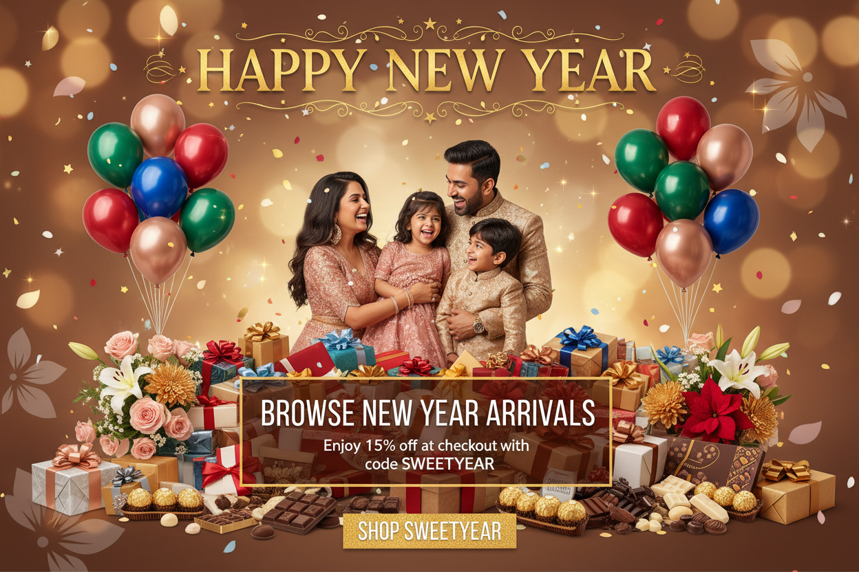 GENERATE BANNER , FAMILY CELEBRATING NewYear HAVING ALOT OF GIFTS , BALOOONS, FRESH FLOWERS, FARERROS , CHOCOLATES , HAPPY NEWYEAR WRITTEN ON , TOP AND TEXT WRITTEN AT CENTRE ,BROWSE NEWYEAR ARRIVALS , Enjoy 15% off at checkout with code SWEETYEAR , AFTER THIS WRITE , SHOP SWEETYEAR