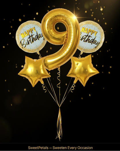 Gold Number ___ Happy Birthday Balloon Bouquet Set | Luxury Foil Star & Round Balloons Birthday Party Decoration for 9th Birthday Celebrations, Kids & Adults