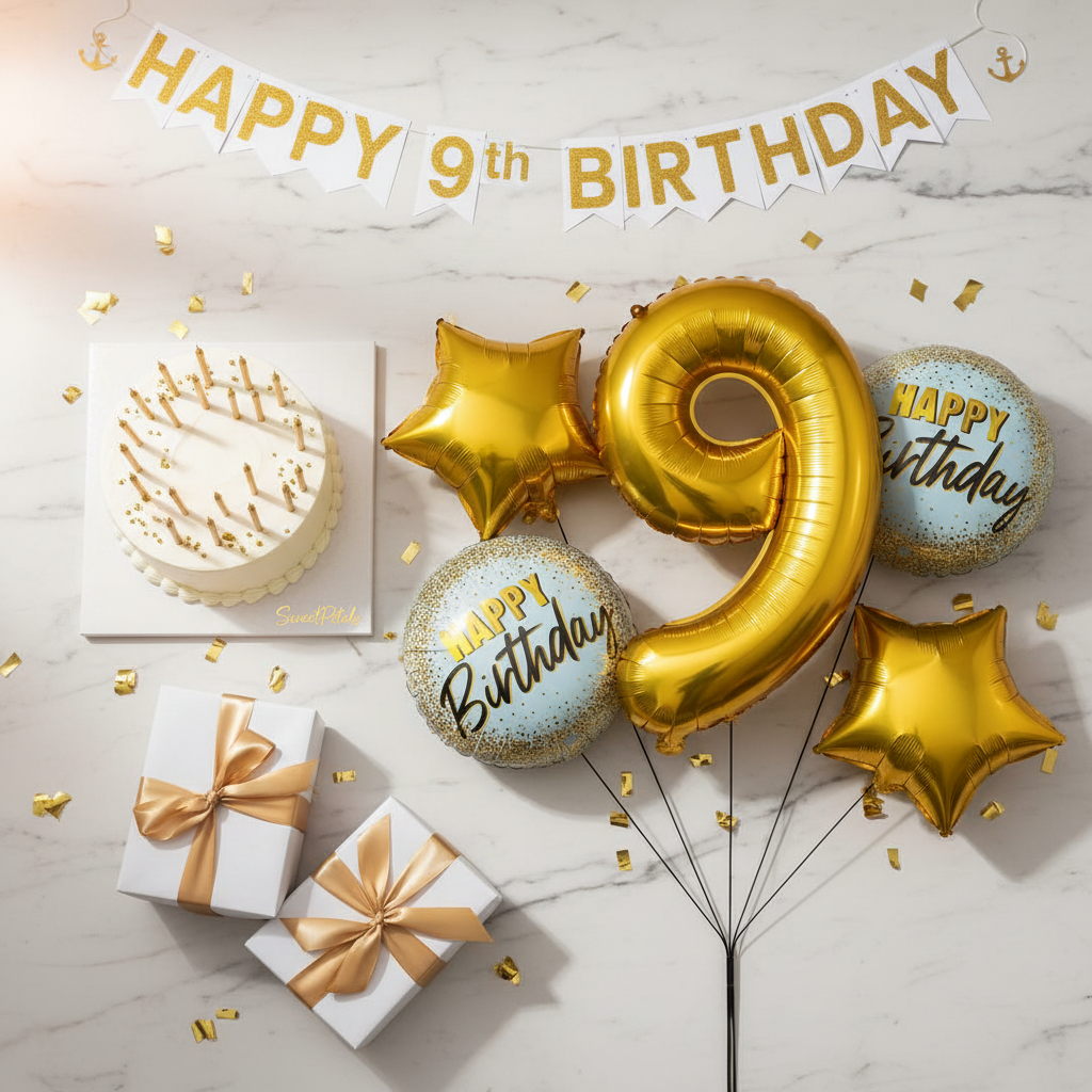 Gold Number ___ Happy Birthday Balloon Bouquet Set | Luxury Foil Star & Round Balloons Birthday Party Decoration for 9th Birthday Celebrations, Kids & Adults