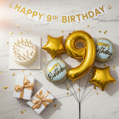 Gold Number ___ Happy Birthday Balloon Bouquet Set | Luxury Foil Star & Round Balloons Birthday Party Decoration for 9th Birthday Celebrations, Kids & Adults
