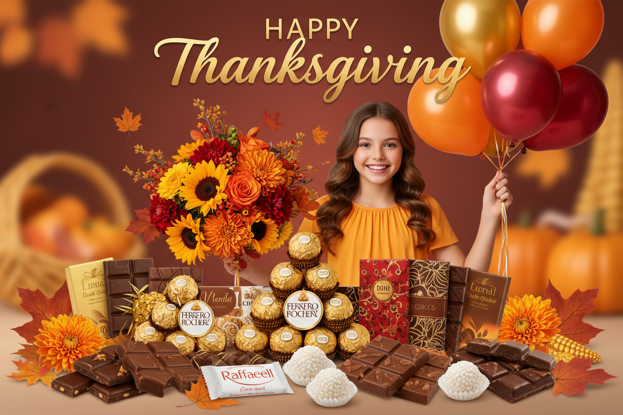 happy thanks givving banner, where girl has ballons in her hand , chocolates along her she is smiling and have flower bouquet , banner should reflect my all of these products , chocolate you can concider ferrer, bars, rafello , etc and its for season of thanks giving