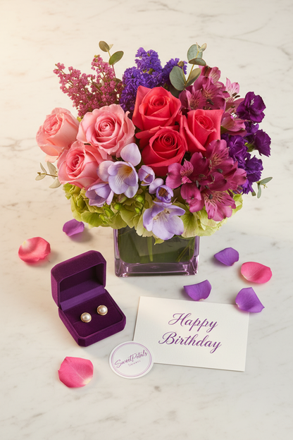 Flat lay jewel garden cube vase arrangement with purple velvet gift box and pearl earrings on marble – SweetPetals luxury rose purple stock hydrangea birthday gift delivery