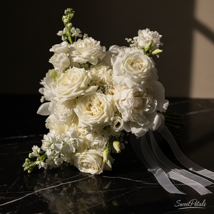 Close-up of white garden roses white peonies white lisianthus and white stock flowers with flowing white ribbon on dark marble – SweetPetals ethereal white bridal bouquet luxury wedding