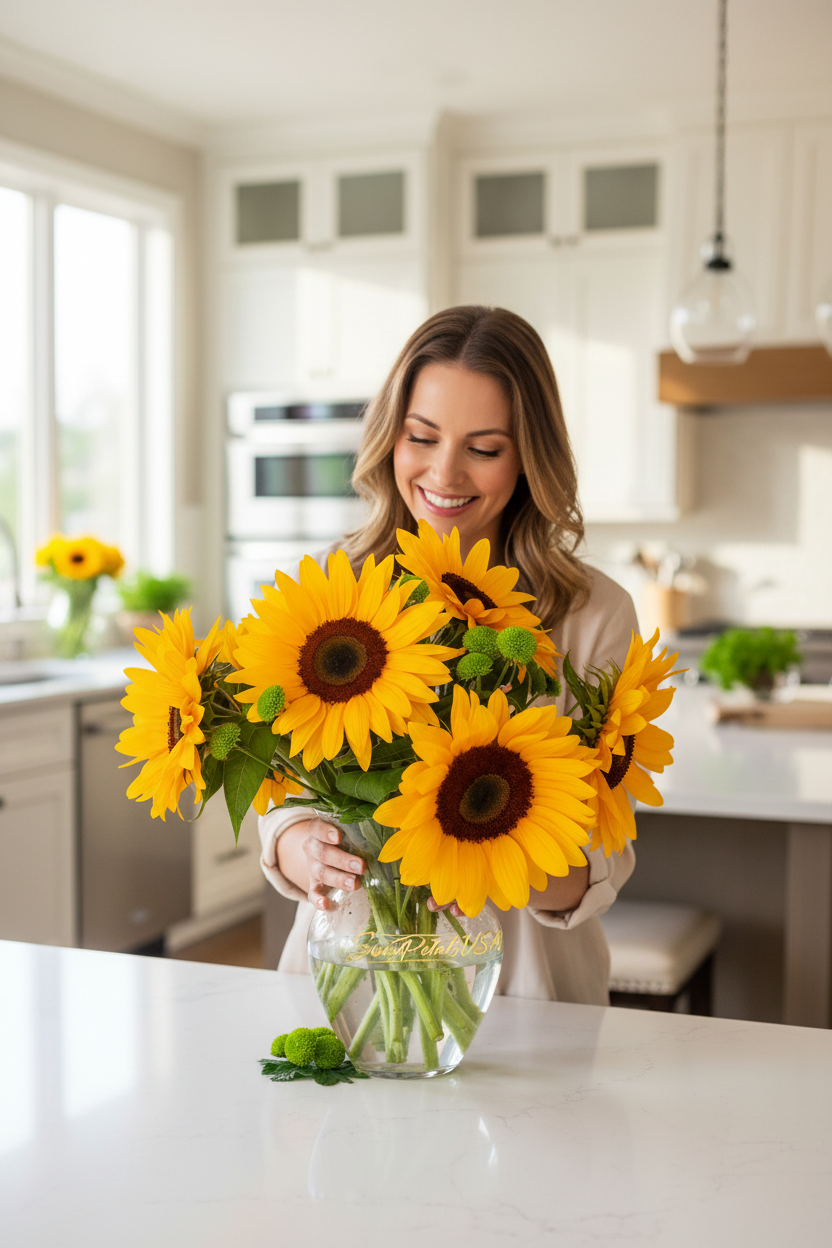 Woman with sunflower vase arrangement in bright home interior — SweetPetals flower delivery gift USA