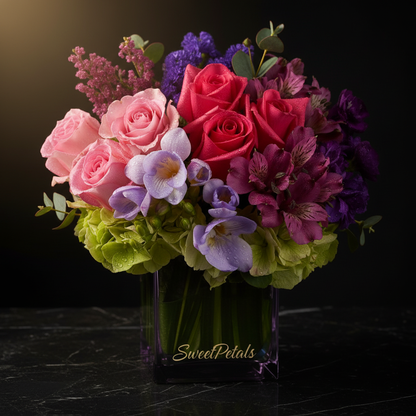 Close-up of hot pink roses purple stock lavender alstroemeria and lime green hydrangea in purple cube vase on dark marble – SweetPetals jewel garden luxury cube vase arrangement