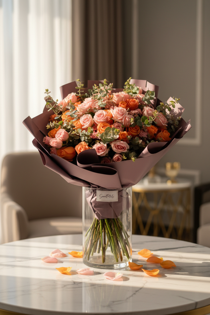 Elegant sunset blush and orange rose bouquet in glass vase by window in luxury home – SweetPetals premium pink and orange floral gift New York