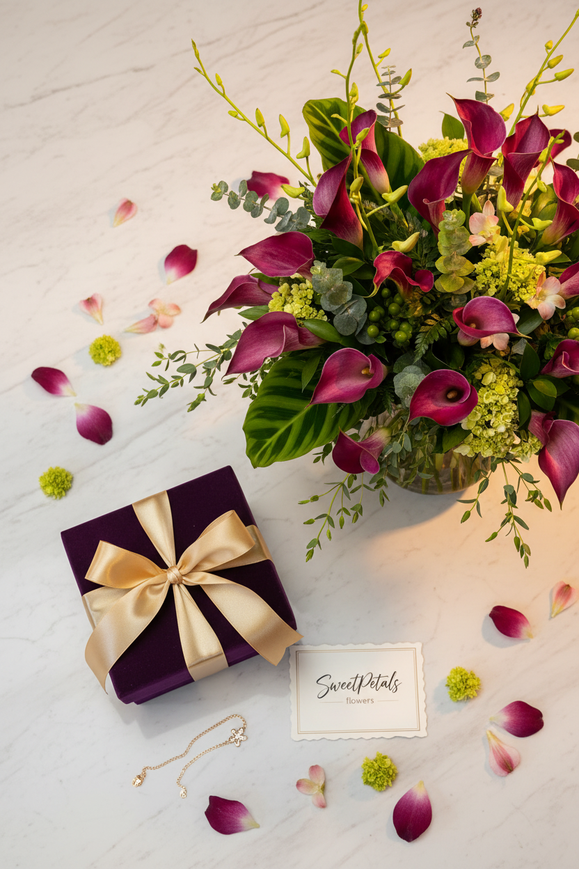 Flat lay midnight garden calla lily arrangement with purple velvet gift box and gold bracelet on marble – SweetPetals luxury purple calla lily chartreuse hydrangea birthday gift delivery New York