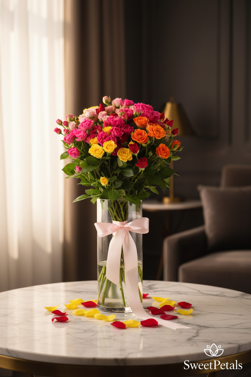 Elegant rainbow mixed spray rose bouquet in glass vase by window in luxury home – SweetPetals premium colorful floral gift