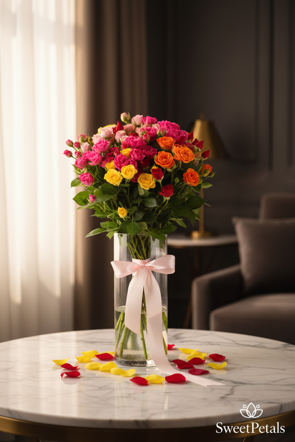 Elegant rainbow mixed spray rose bouquet in glass vase by window in luxury home – SweetPetals premium colorful floral gift