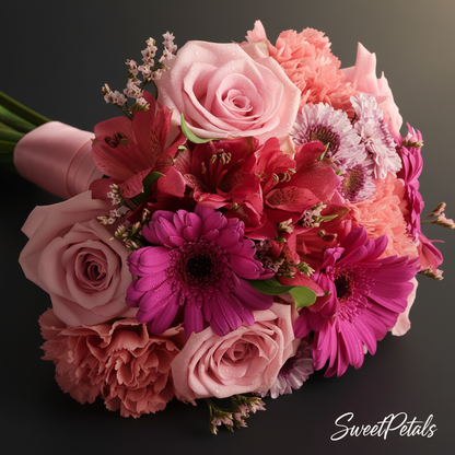 Close-up of pink roses hot pink gerberas red alstroemeria and pink carnations in pink bliss bouquet – SweetPetals luxury pink flower arrangement