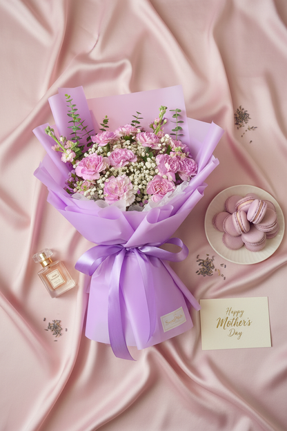Flat lay lilac grace carnation bouquet with macaron tower gold perfume bottle and Mother's Day card on blush silk – SweetPetals luxury lavender carnation gift delivery