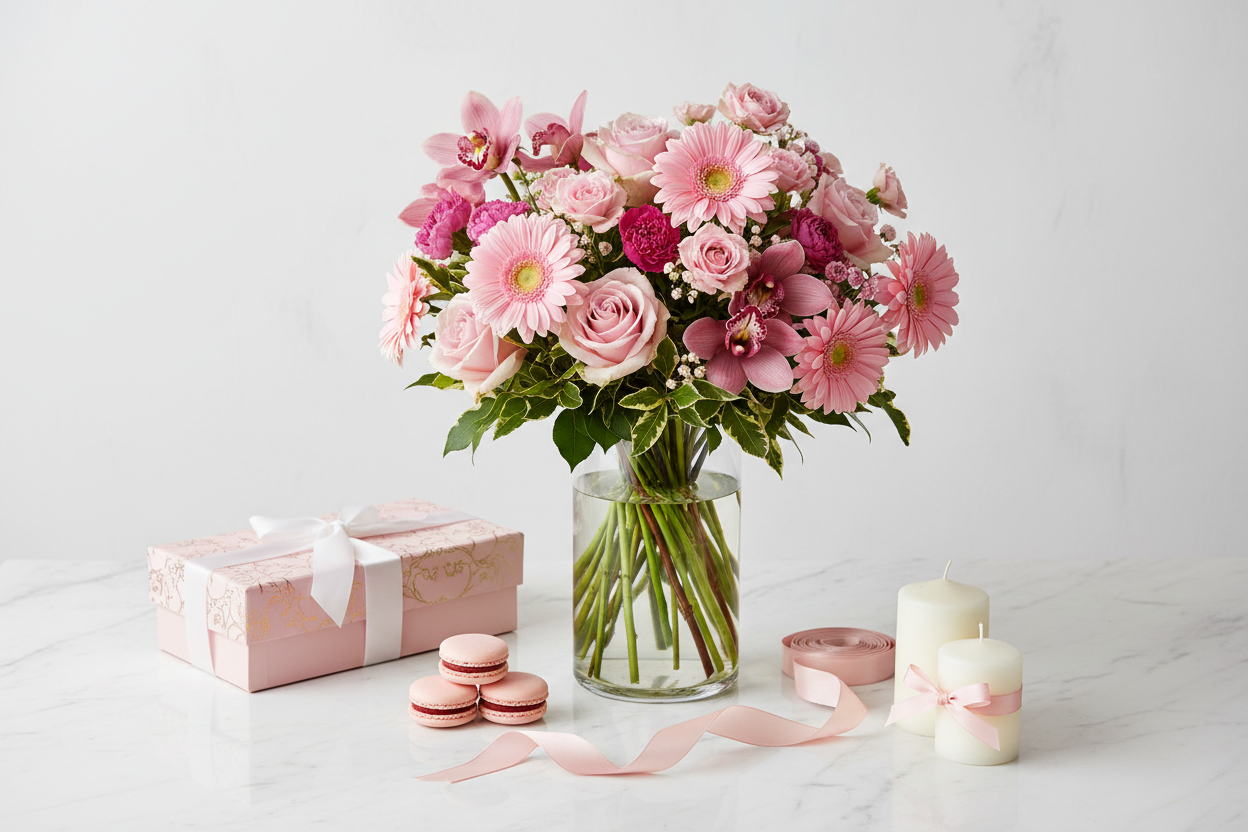 Pink bouquet flat lay with gift box and macarons – SweetPetals luxury flower delivery NYC
