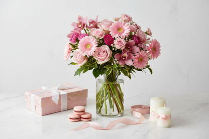 Pink bouquet flat lay with gift box and macarons – SweetPetals luxury flower delivery NYC