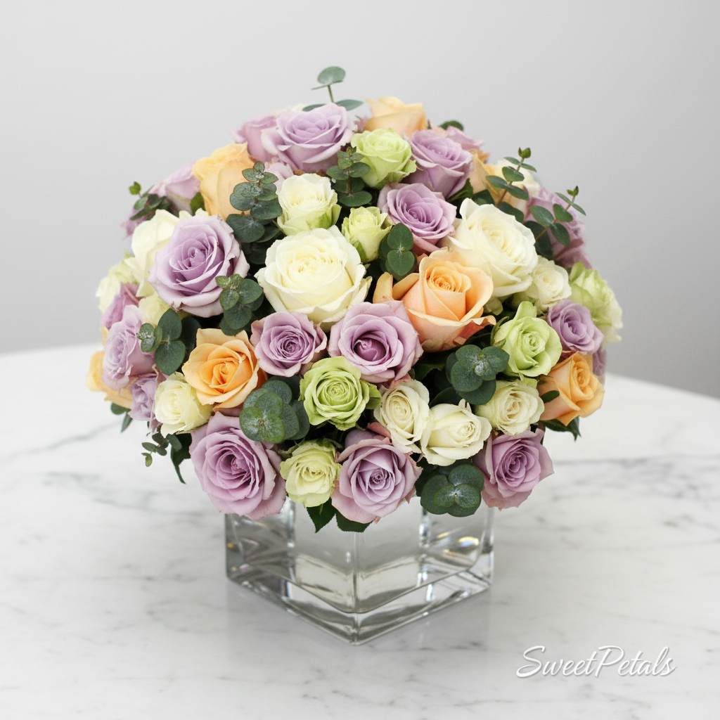 Pastel mixed rose dome arrangement in crystal glass vase 3/4 angle – SweetPetals flowers NYC