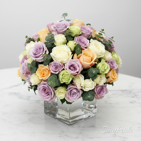 Pastel mixed rose dome arrangement in crystal glass vase 3/4 angle – SweetPetals flowers NYC