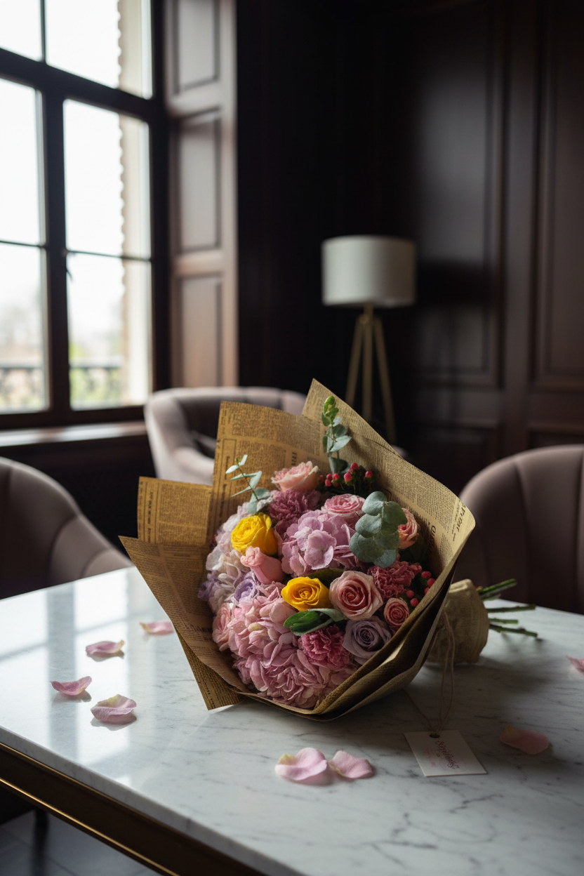 Elegant hydrangea and mixed rose bouquet in newspaper wrap by window in luxury home – SweetPetals premium floral gift