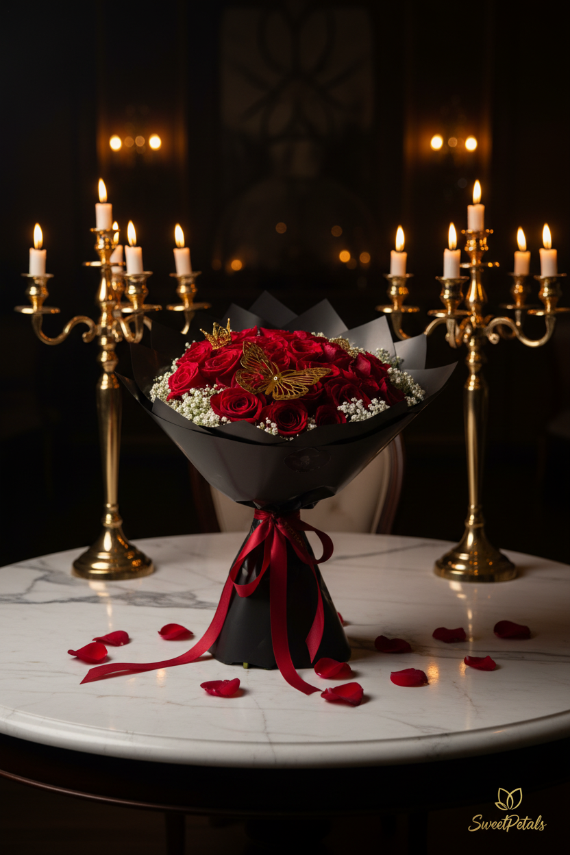 Elegant golden butterfly red rose bouquet in black wrap in luxury candlelit interior – SweetPetals premium romantic floral gift