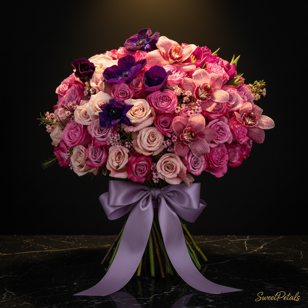Close-up of hot pink roses deep purple anemones and pink cymbidium orchids hand-tied bouquet on dark marble – SweetPetals royal luxury flower arrangement