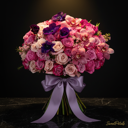 Close-up of hot pink roses deep purple anemones and pink cymbidium orchids hand-tied bouquet on dark marble – SweetPetals royal luxury flower arrangement