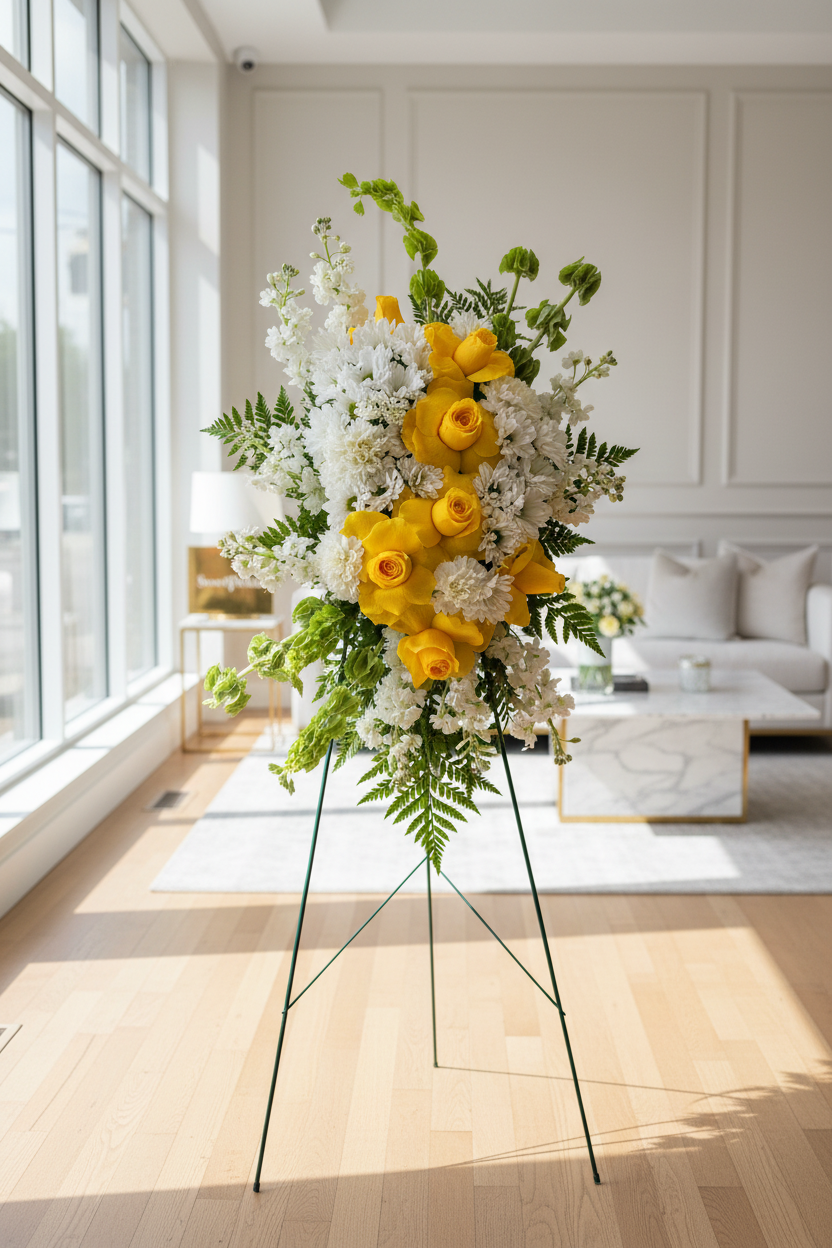 Elegant yellow rose white flower standing spray on display stand in luxury interior – SweetPetals sympathy flowers