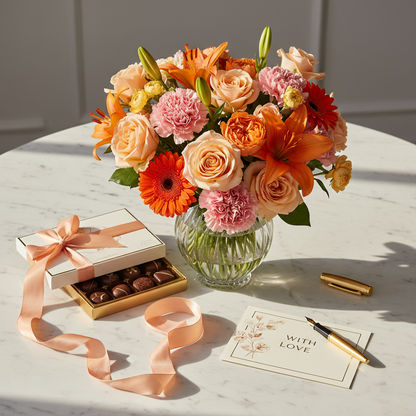Luxury mixed flower bouquet gift set with chocolates and ribbon on marble surface - SweetPetals NYC flower delivery