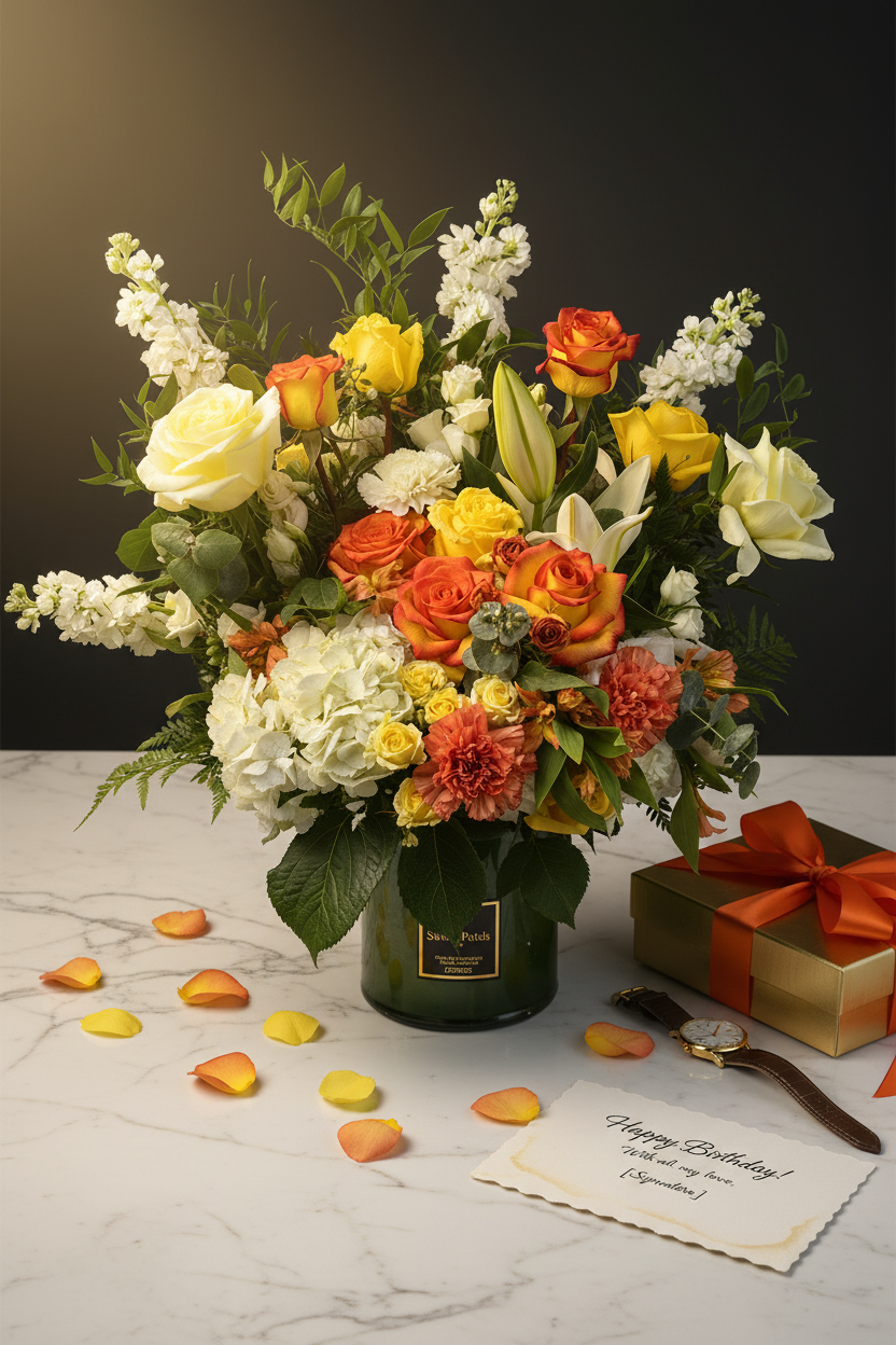 Flat lay sunset glow signature vase arrangement with gold gift box and gold watch on marble – SweetPetals luxury orange rose white lily hydrangea birthday gift delivery New York