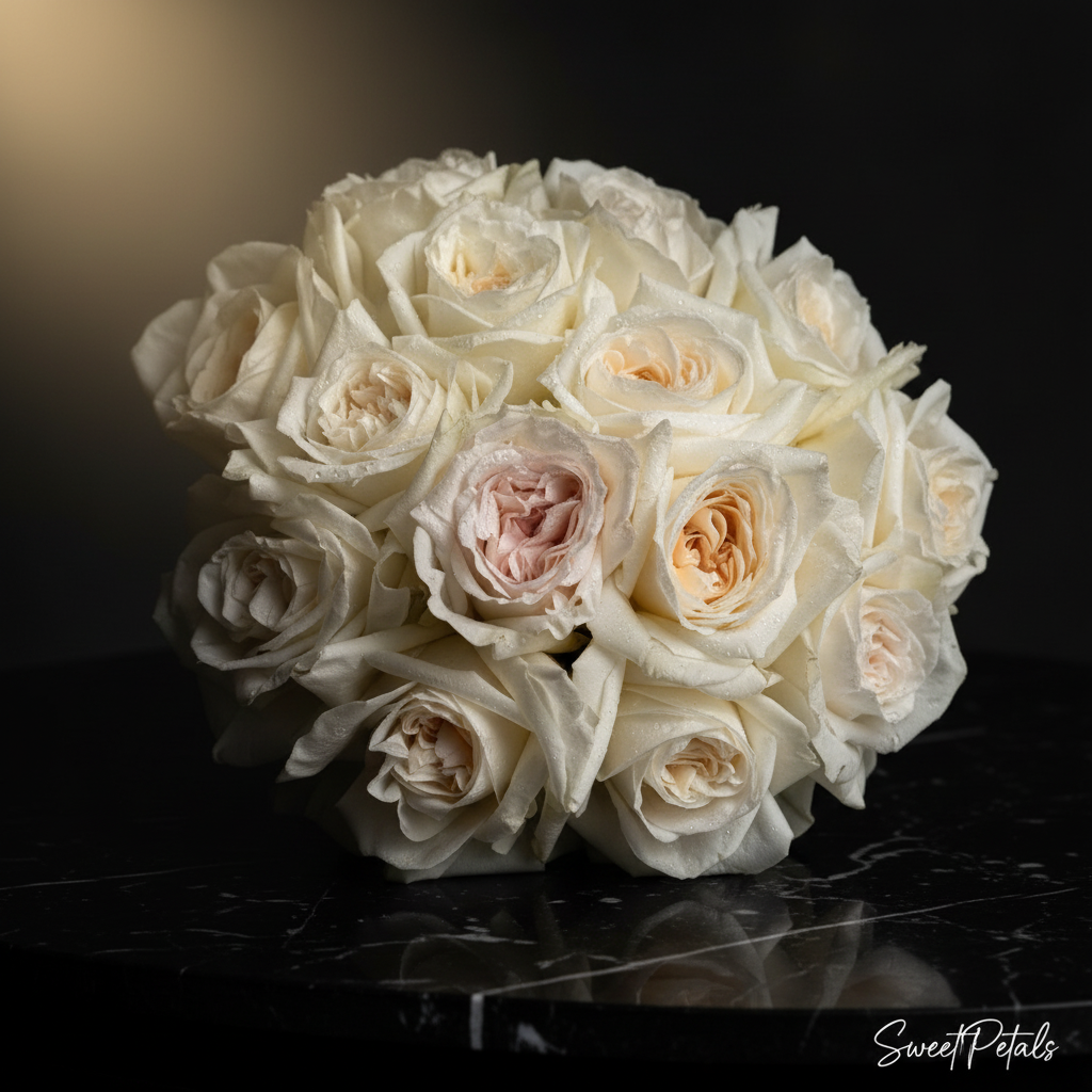 Close-up of creamy white O'Hara garden roses with one blush center rose in dome bouquet on dark marble – SweetPetals white garden rose luxury bridal bouquet