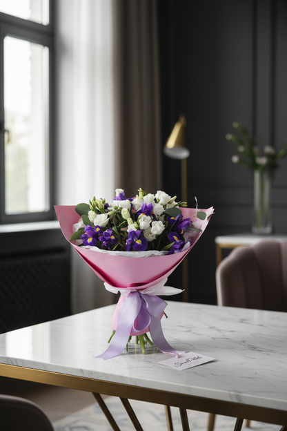 Elegant purple iris and white lisianthus bouquet by window in luxury home – SweetPetals premium floral arrangement
