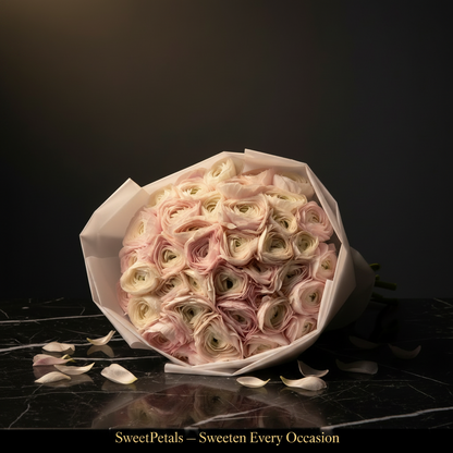 Blush pink ranunculus bouquet on dark marble with golden spotlight and SweetPetals gold foil slogan – SweetPetals luxury blush ranunculus birthday gift New York