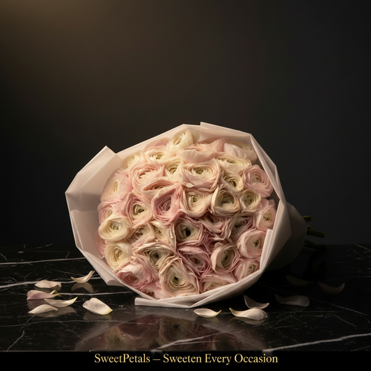 Blush pink ranunculus bouquet on dark marble with golden spotlight and SweetPetals gold foil slogan – SweetPetals luxury blush ranunculus birthday gift New York