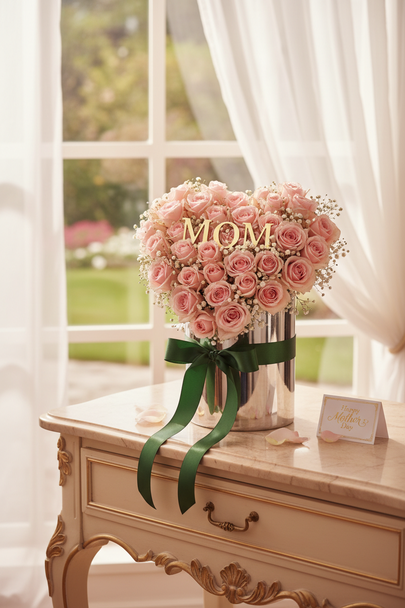 Pink rose heart arrangement in silver vase by window – SweetPetals premium Mother's Day flowers Brooklyn Manhattan