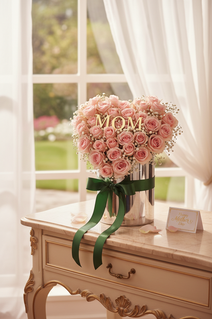 Pink rose heart arrangement in silver vase by window – SweetPetals premium Mother's Day flowers Brooklyn Manhattan